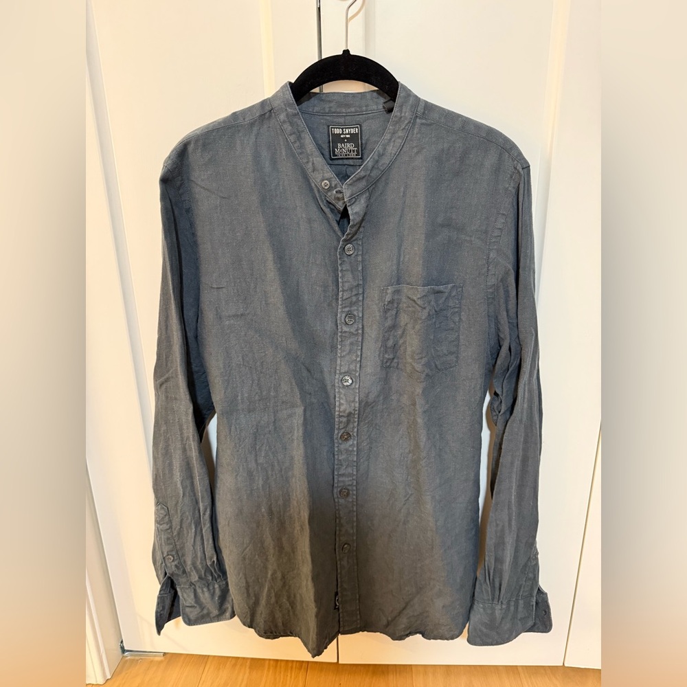 Todd Snyder Men's Blue/Slate Linen Button Down Shirt - Band Collar